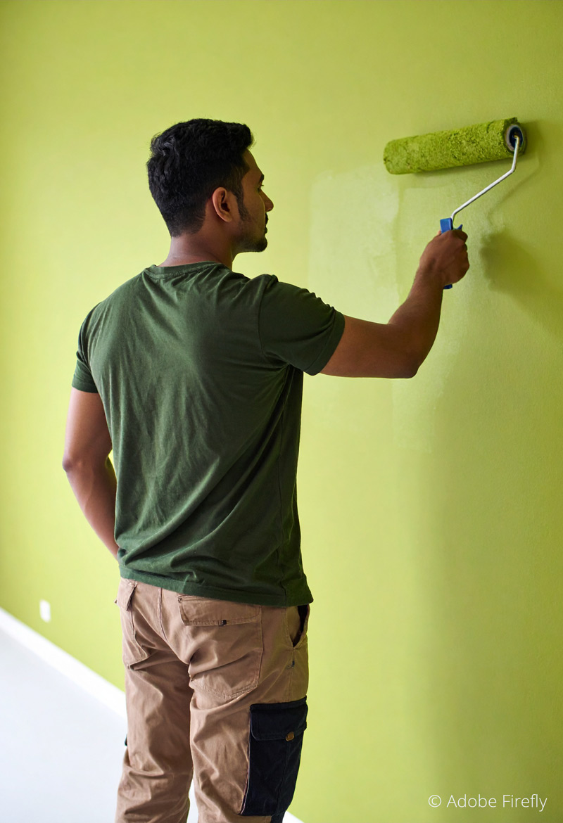 Ein Maler rollt eine Zimmerwand grün